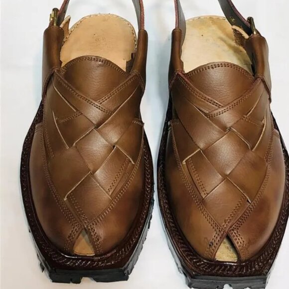 Brown Leather Sandals, Unique Style Handmade Peshawari Chappal - Picture 4 of 9